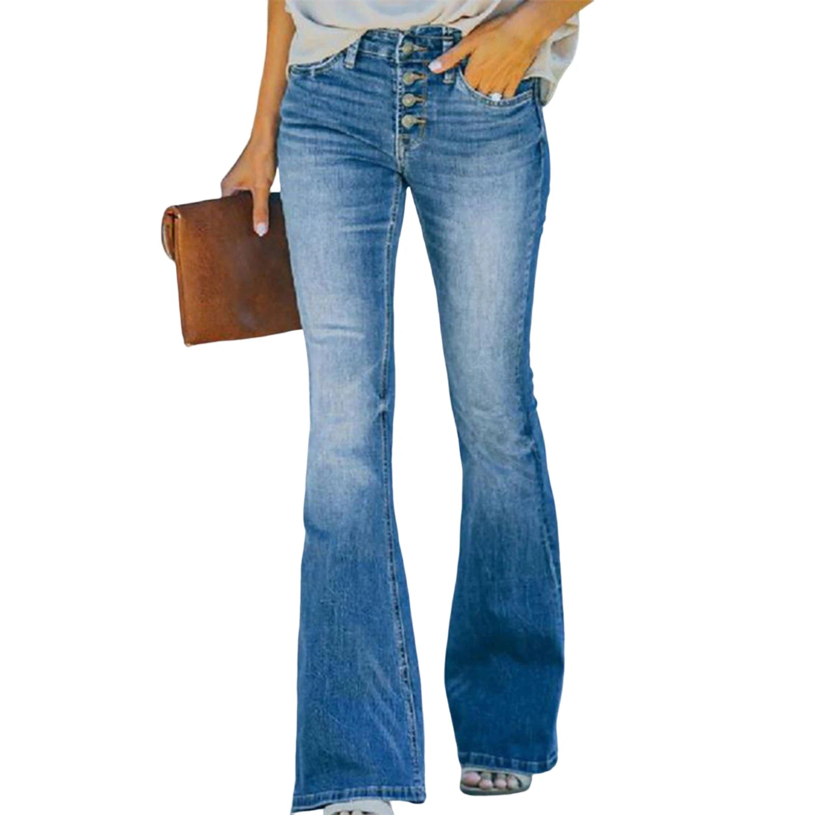 Women Denim Jeans High Waist Flared Hem Women's Jeans with Gradient Color Matching Bell-bottomed Pants Slim Fit Denim Trousers
