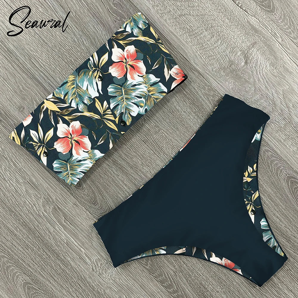 2025 New Sexy Low Hight Bikini Set Swimwear Women Bandeau Female Print Floral Strappy Swimsuit Bathing Suit Beach Wear Biquini