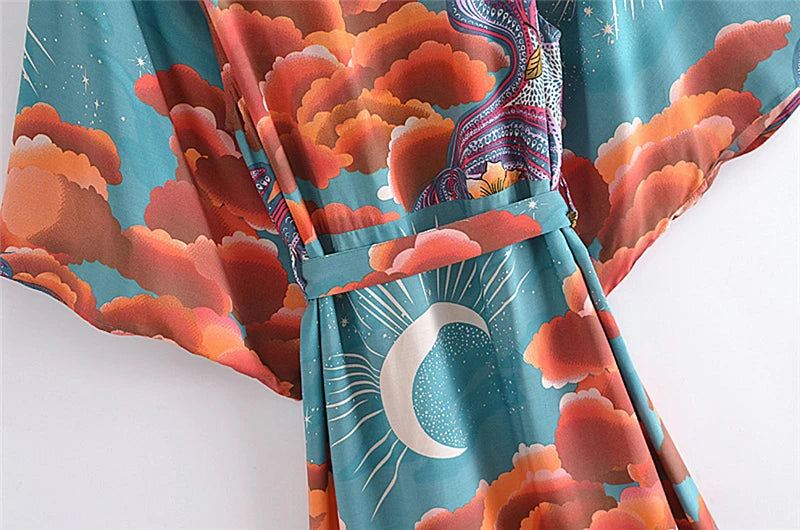 Vintage Chic Women Star and Moon Floral Print Bat Sleeve Beach Bohemian Kimono Dress Robe Ladies Summer Boho Bikini Cover-ups