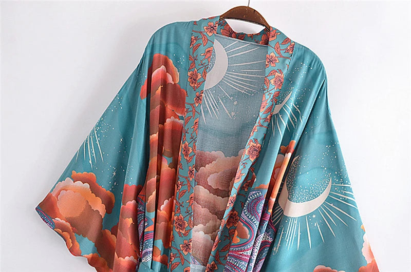 Vintage Chic Women Star and Moon Floral Print Bat Sleeve Beach Bohemian Kimono Dress Robe Ladies Summer Boho Bikini Cover-ups