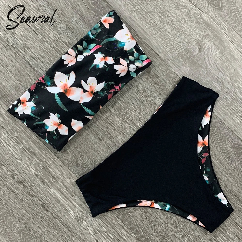 2025 New Sexy Low Hight Bikini Set Swimwear Women Bandeau Female Print Floral Strappy Swimsuit Bathing Suit Beach Wear Biquini