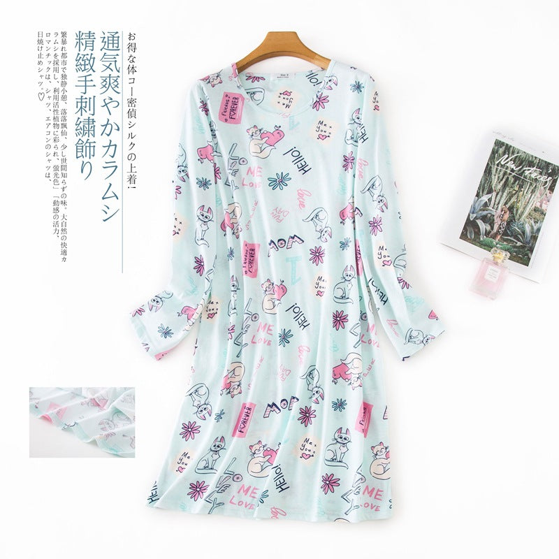 Knitted Cotton Women Plus Size Lingere Nightgown Loose Nightdress Long Sleeve Night Gown Cute Cartoon Home Dress Sexy Sleepwear