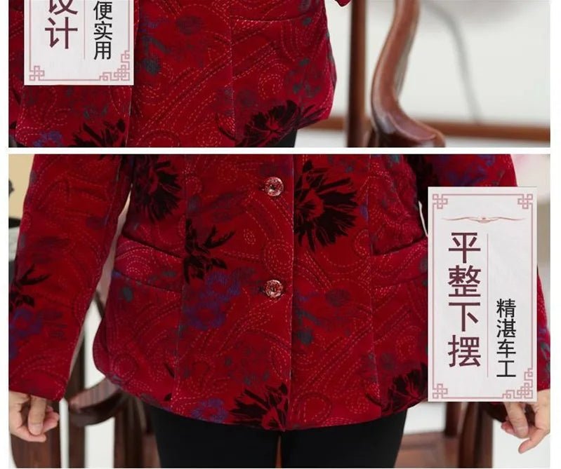 Grandma's Winter Parka Coat Corduroy Clothes Female Mid-Aged And Elderly Thicken Mother Autumn Coat Cotton-Padded Jacket Print
