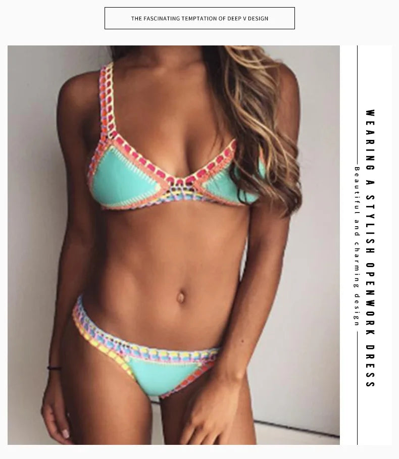 Turquoise Women Sexy Neoprene Triangle Swimsuit Swimming Wear Set Crochet Bikini Beachwear Bathing Suit For Vacation Wear