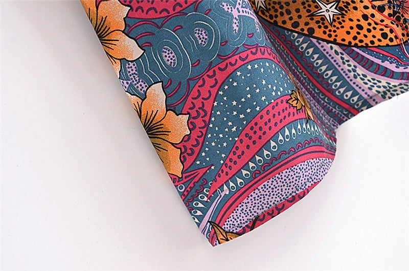 Vintage Chic Women Star and Moon Floral Print Bat Sleeve Beach Bohemian Kimono Dress Robe Ladies Summer Boho Bikini Cover-ups