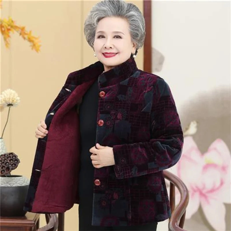Grandma's Winter Parka Coat Corduroy Clothes Female Mid-Aged And Elderly Thicken Mother Autumn Coat Cotton-Padded Jacket Print