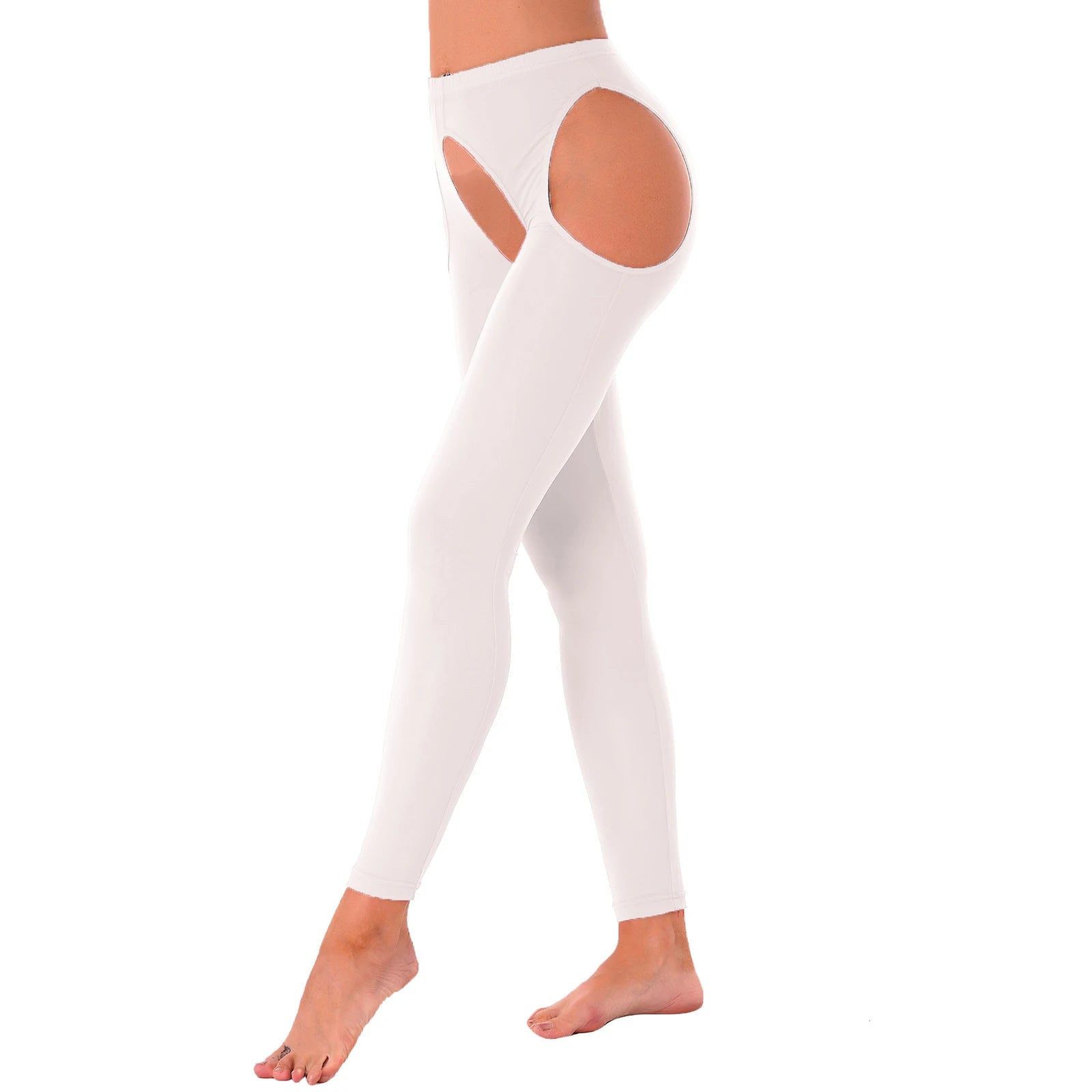 Womens Crotchless Leggings Thigh High Stockings Ice Silk High Waist Tights Suspenders Pantyhose Hollow Out Footed Long Pants