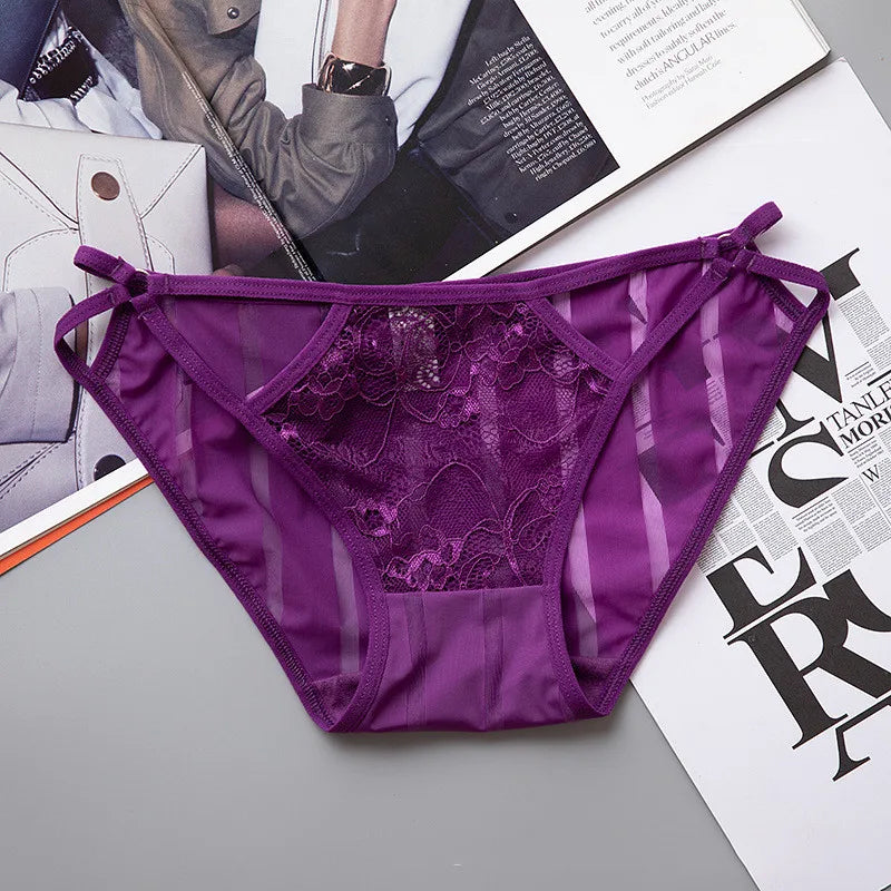 Ladies Striped Ice Silk Underpants Sexy Hollow Out Women's Underwear Embroidery Lace Knickers Seamless Wrap Buttocks Briefs