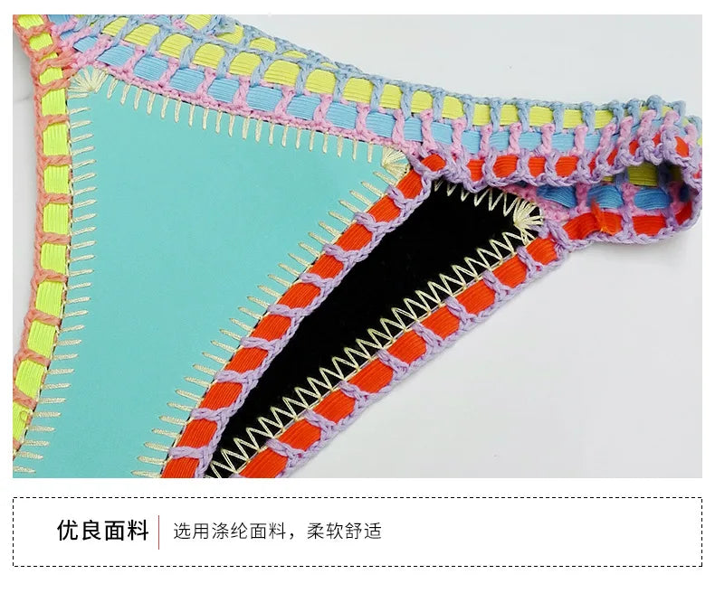 Turquoise Women Sexy Neoprene Triangle Swimsuit Swimming Wear Set Crochet Bikini Beachwear Bathing Suit For Vacation Wear