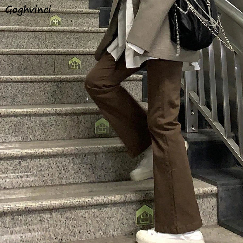 Jeans Women Denim Brown Fashion All-match Boot Cut Spring Autumn Trousers High Waist Skinny Elasticity Korean Style  Street