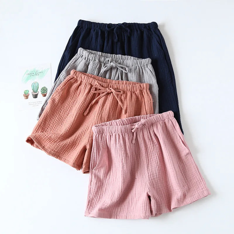 Women Summer Shorts Cotton Double-layer Gauze Sleep Bottoms Thin Loose-fitting Pajama Pants Home Pants Solid Sleep Shorts