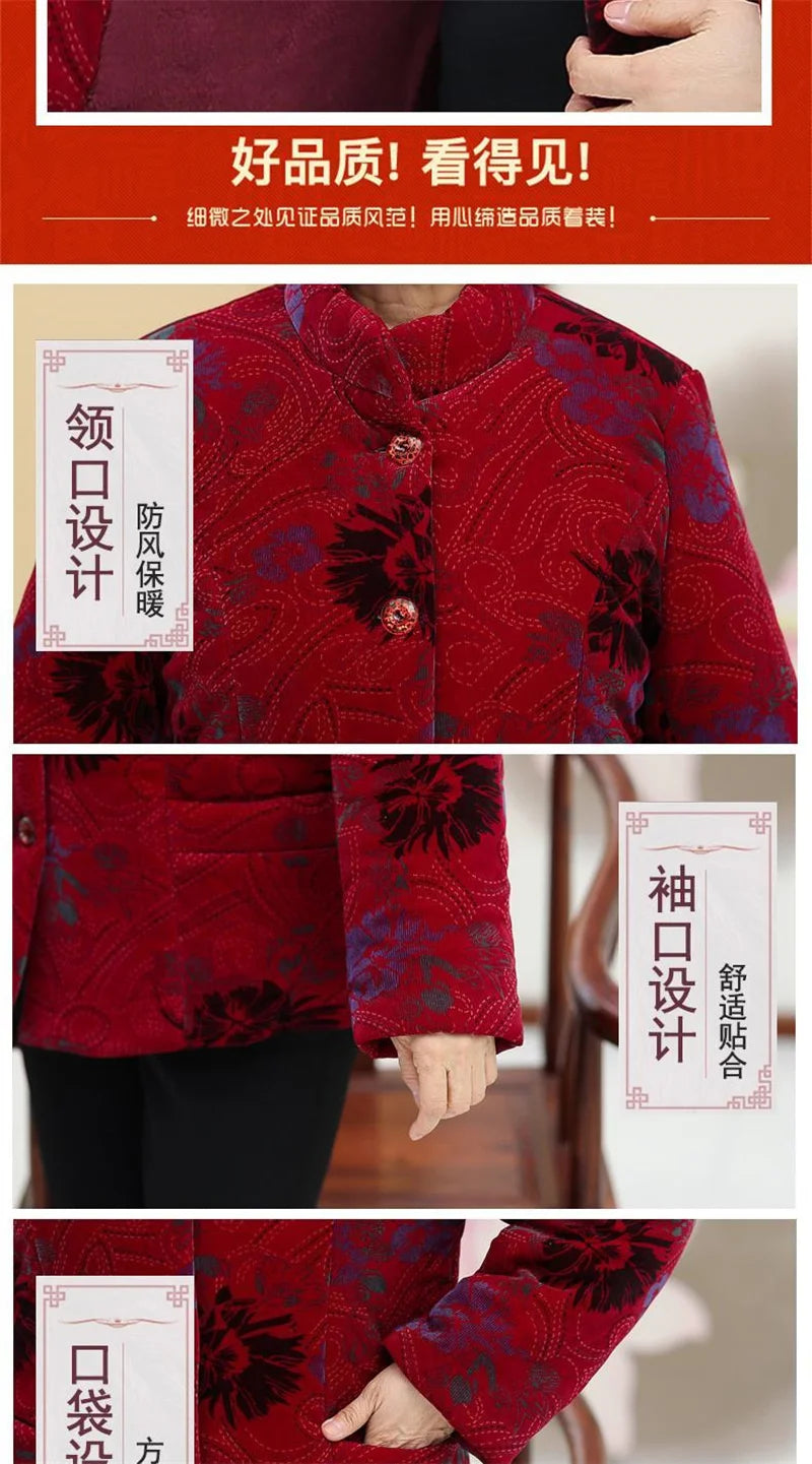Grandma's Winter Parka Coat Corduroy Clothes Female Mid-Aged And Elderly Thicken Mother Autumn Coat Cotton-Padded Jacket Print