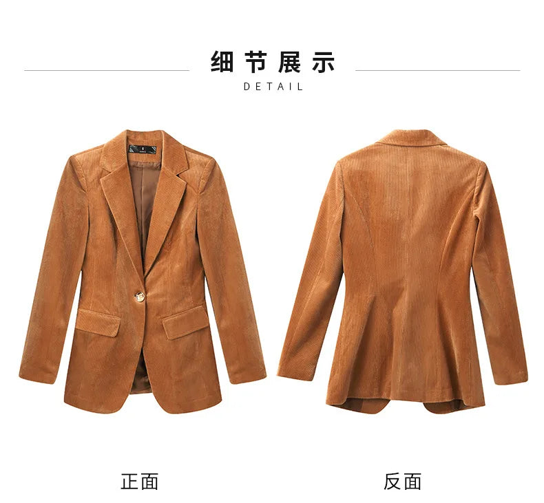 Women's Long-Sleeved Corduroy Jacket, Casual Small Suit, Formal Wear, Slim, Slimming Monochromatic, Fashion, Spring, Autumn, New