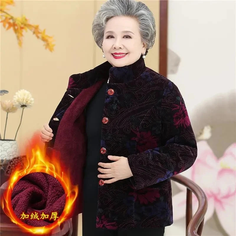 Grandma's Winter Parka Coat Corduroy Clothes Female Mid-Aged And Elderly Thicken Mother Autumn Coat Cotton-Padded Jacket Print