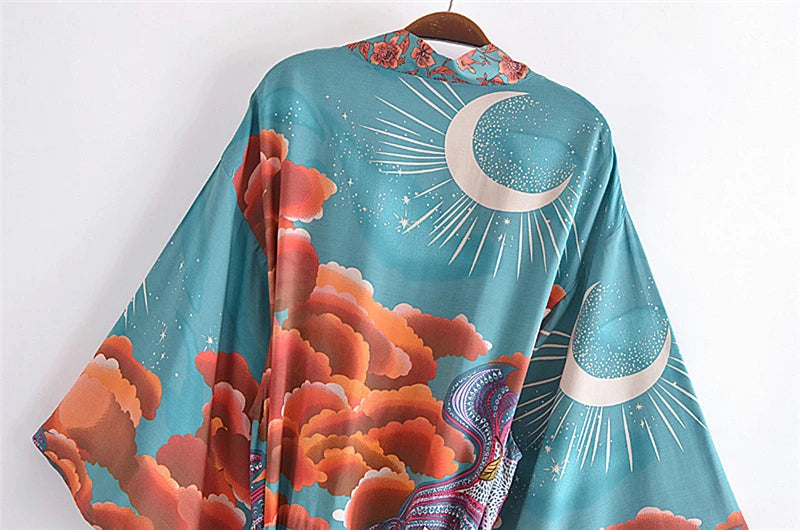 Vintage Chic Women Star and Moon Floral Print Bat Sleeve Beach Bohemian Kimono Dress Robe Ladies Summer Boho Bikini Cover-ups