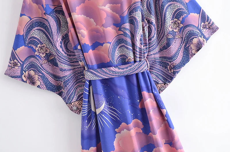 Vintage Chic Women Star and Moon Floral Print Bat Sleeve Beach Bohemian Kimono Dress Robe Ladies Summer Boho Bikini Cover-ups