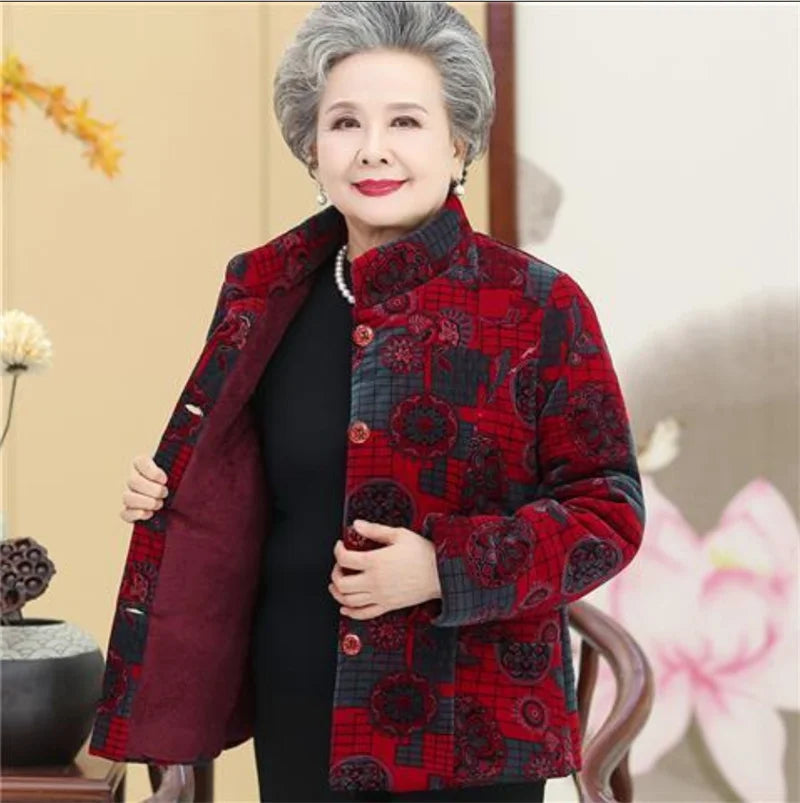 Grandma's Winter Parka Coat Corduroy Clothes Female Mid-Aged And Elderly Thicken Mother Autumn Coat Cotton-Padded Jacket Print