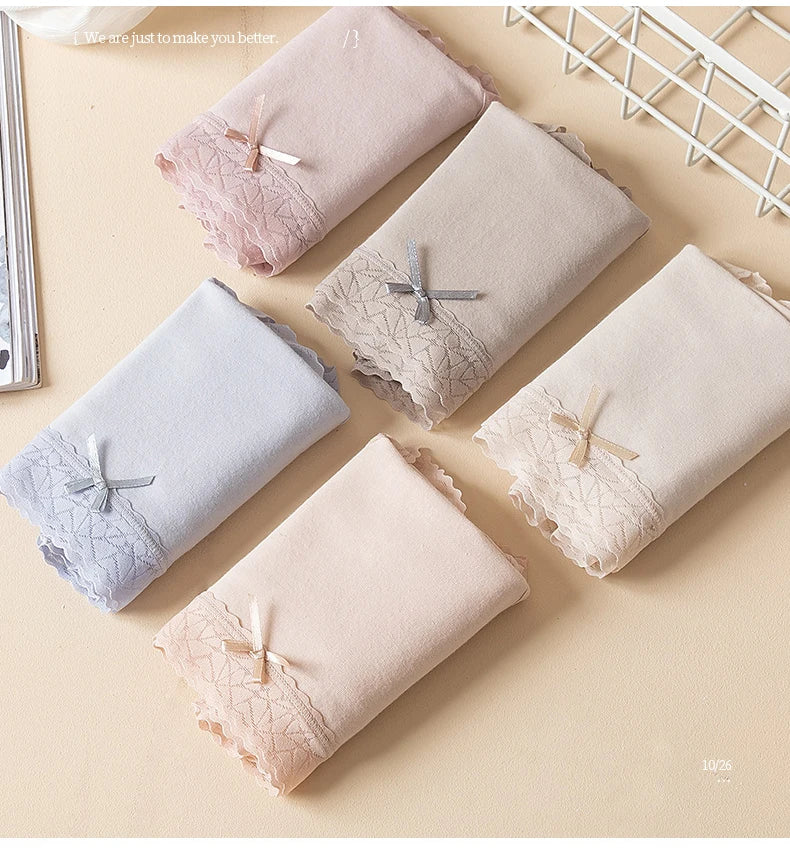5Pcs Women's Cotton Panties Breathable Lingerie Cute Young Girls Briefs Sexy Underpants Mid Waist Solid Panty Female Underwear