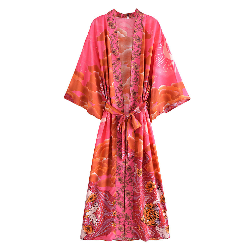 Vintage Chic Women Star and Moon Floral Print Bat Sleeve Beach Bohemian Kimono Dress Robe Ladies Summer Boho Bikini Cover-ups