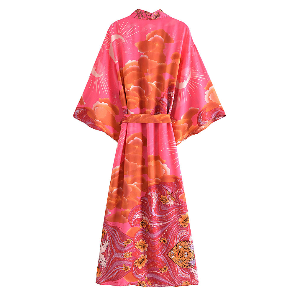Vintage Chic Women Star and Moon Floral Print Bat Sleeve Beach Bohemian Kimono Dress Robe Ladies Summer Boho Bikini Cover-ups