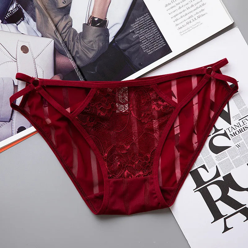 Ladies Striped Ice Silk Underpants Sexy Hollow Out Women's Underwear Embroidery Lace Knickers Seamless Wrap Buttocks Briefs