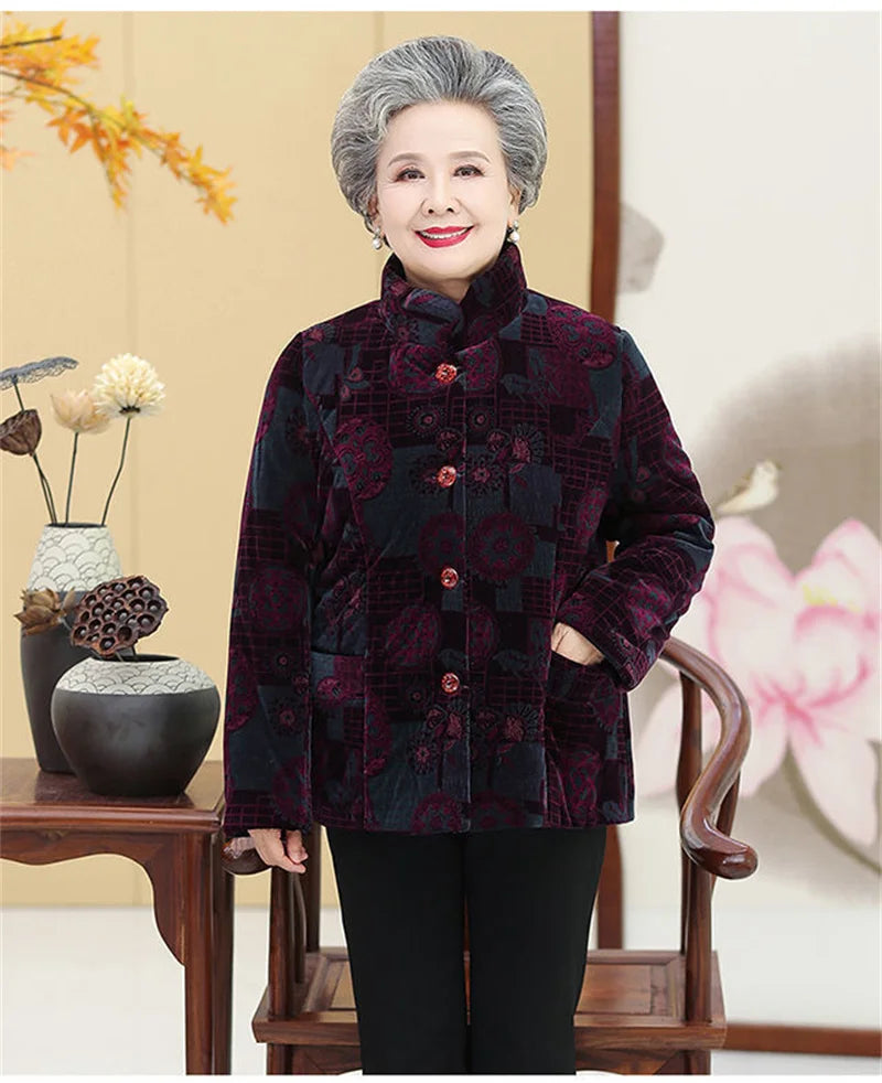 Grandma's Winter Parka Coat Corduroy Clothes Female Mid-Aged And Elderly Thicken Mother Autumn Coat Cotton-Padded Jacket Print