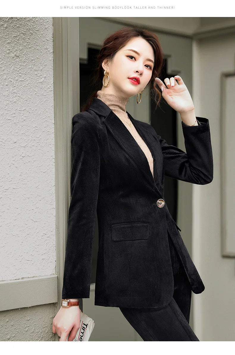 Women's Long-Sleeved Corduroy Jacket, Casual Small Suit, Formal Wear, Slim, Slimming Monochromatic, Fashion, Spring, Autumn, New