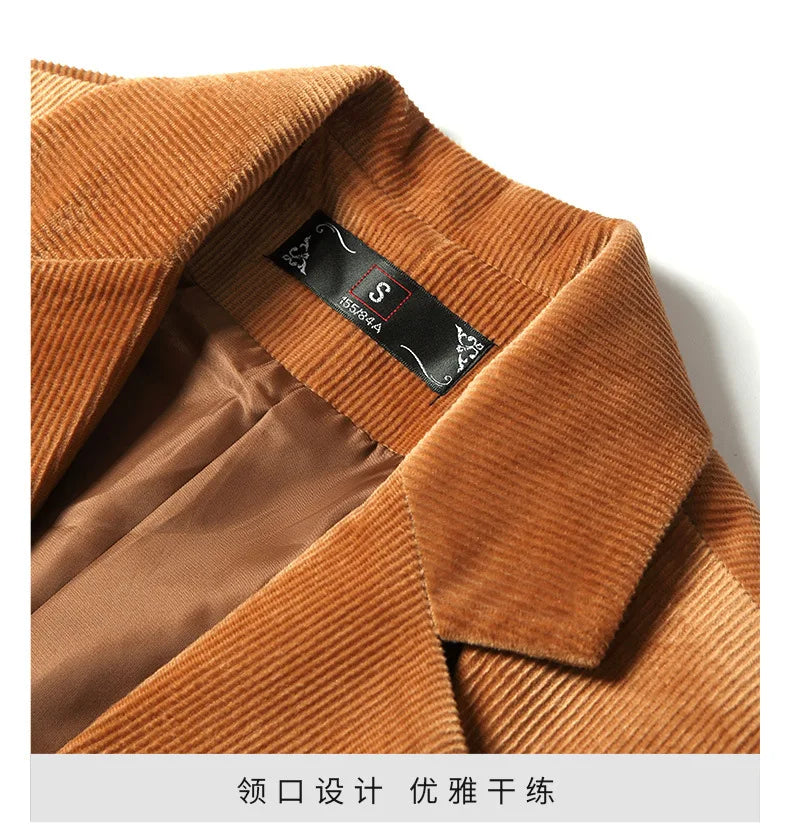 Women's Long-Sleeved Corduroy Jacket, Casual Small Suit, Formal Wear, Slim, Slimming Monochromatic, Fashion, Spring, Autumn, New