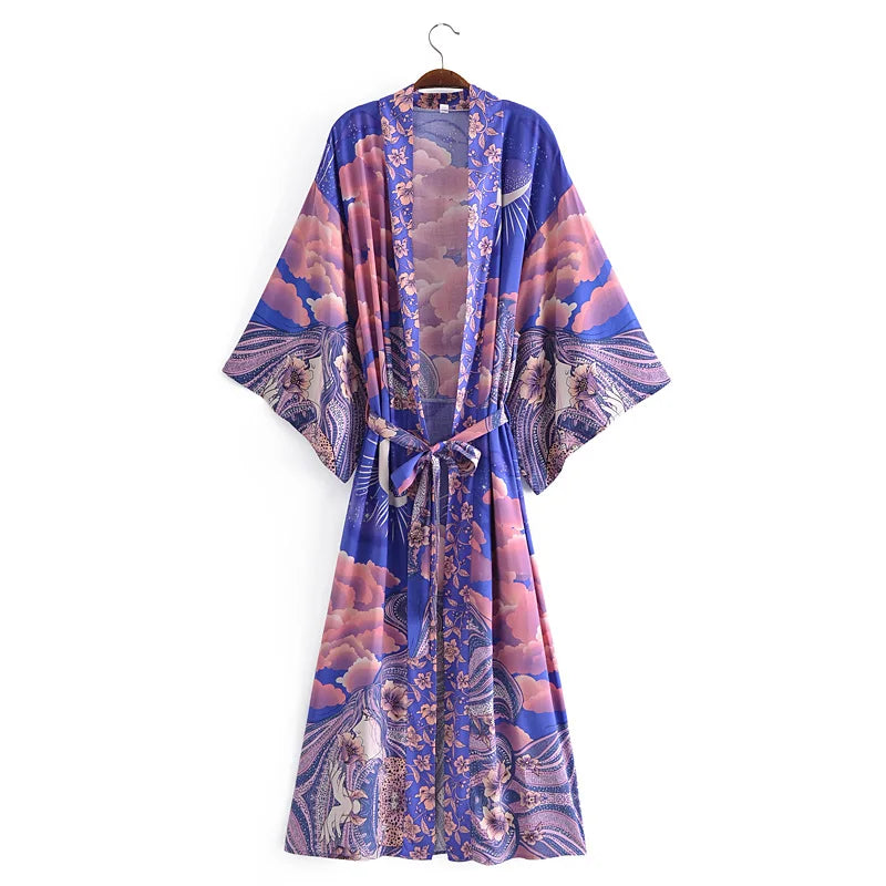 Vintage Chic Women Star and Moon Floral Print Bat Sleeve Beach Bohemian Kimono Dress Robe Ladies Summer Boho Bikini Cover-ups