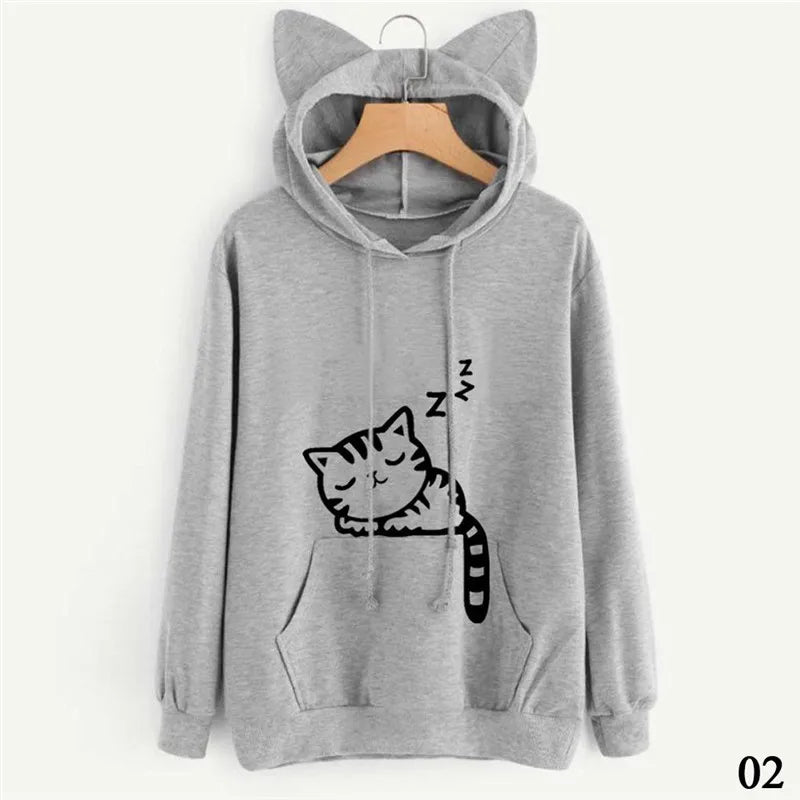 Women Sweatshirt Cat Ear Funny Hoodie Mujer Tracksuits Kawaii Print Cat Cartoon Feminino Fashion Autumn Sweatshirts #256785