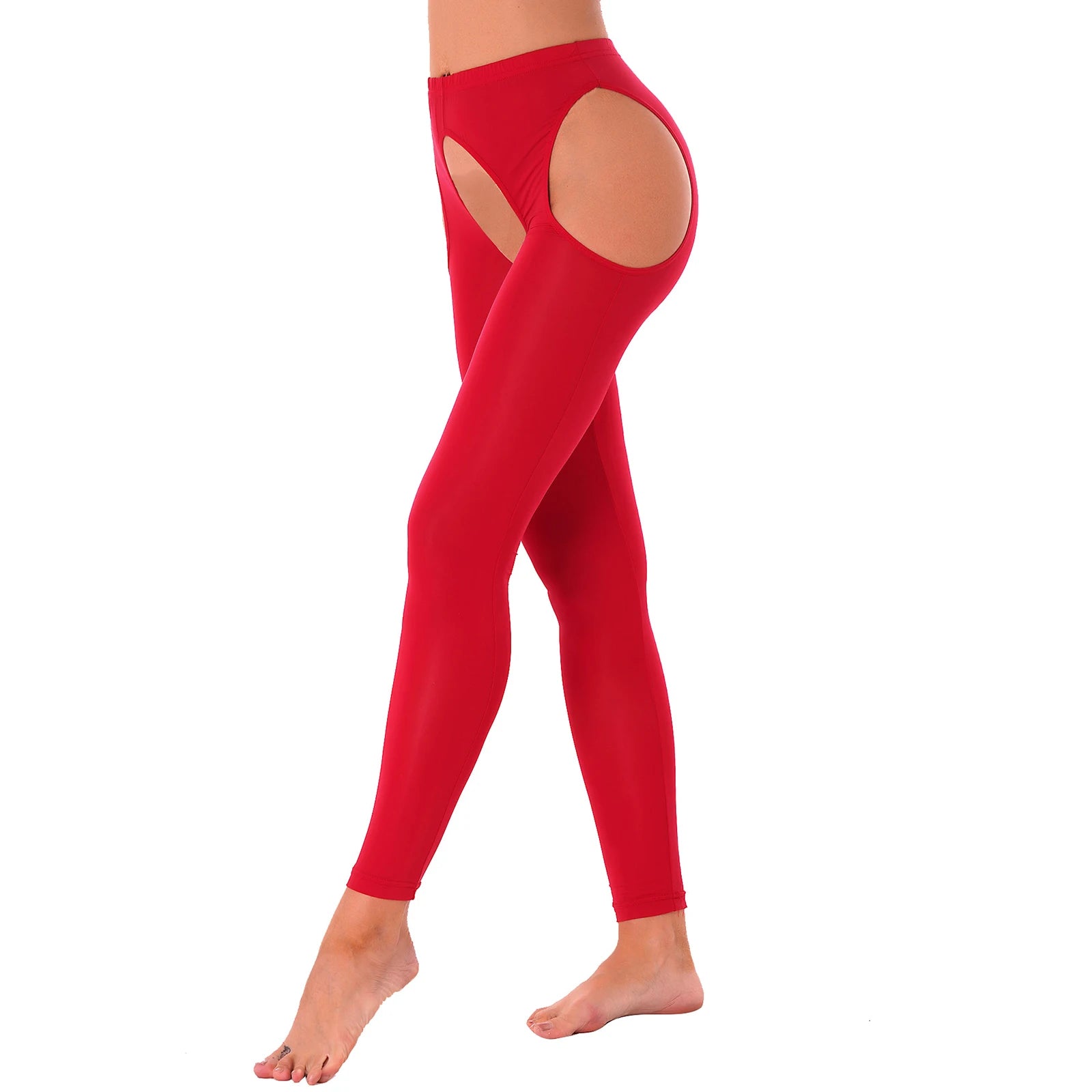 Womens Crotchless Leggings Thigh High Stockings Ice Silk High Waist Tights Suspenders Pantyhose Hollow Out Footed Long Pants