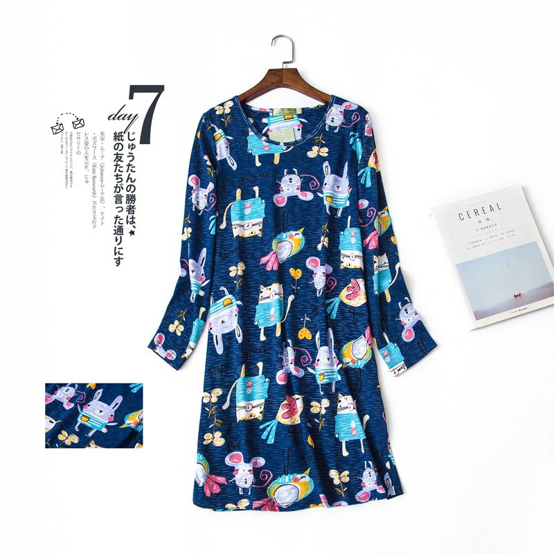 Knitted Cotton Women Plus Size Lingere Nightgown Loose Nightdress Long Sleeve Night Gown Cute Cartoon Home Dress Sexy Sleepwear