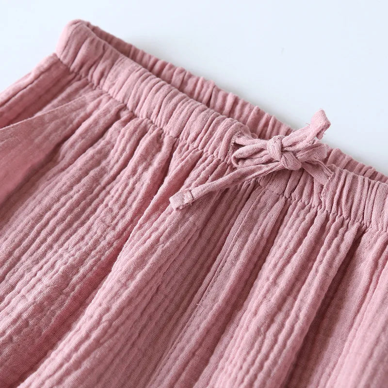 Women Summer Shorts Cotton Double-layer Gauze Sleep Bottoms Thin Loose-fitting Pajama Pants Home Pants Solid Sleep Shorts