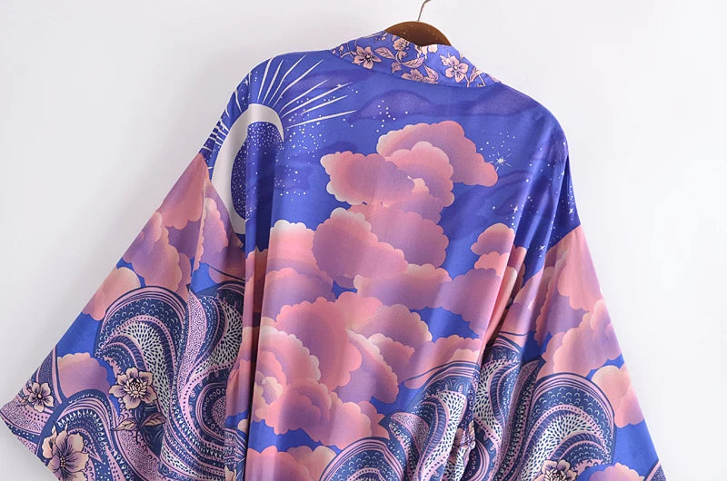 Vintage Chic Women Star and Moon Floral Print Bat Sleeve Beach Bohemian Kimono Dress Robe Ladies Summer Boho Bikini Cover-ups