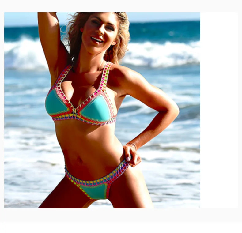 Turquoise Women Sexy Neoprene Triangle Swimsuit Swimming Wear Set Crochet Bikini Beachwear Bathing Suit For Vacation Wear