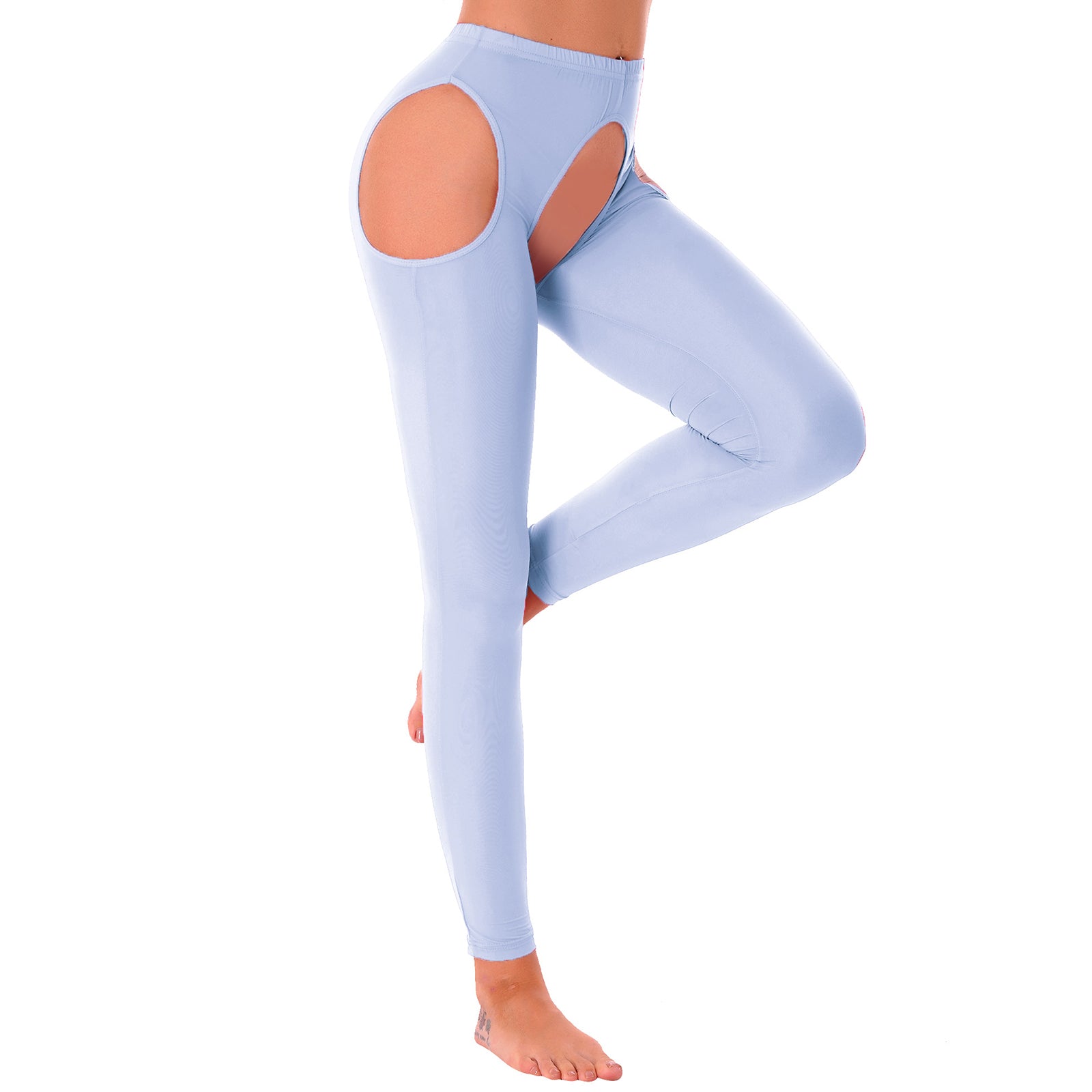 Womens Crotchless Leggings Thigh High Stockings Ice Silk High Waist Tights Suspenders Pantyhose Hollow Out Footed Long Pants