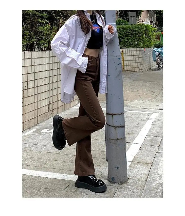 Jeans Women Denim Brown Fashion All-match Boot Cut Spring Autumn Trousers High Waist Skinny Elasticity Korean Style  Street