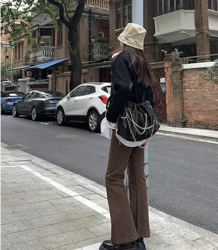 Jeans Women Denim Brown Fashion All-match Boot Cut Spring Autumn Trousers High Waist Skinny Elasticity Korean Style  Street