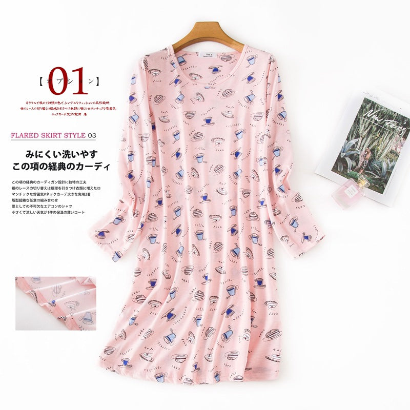 Knitted Cotton Women Plus Size Lingere Nightgown Loose Nightdress Long Sleeve Night Gown Cute Cartoon Home Dress Sexy Sleepwear
