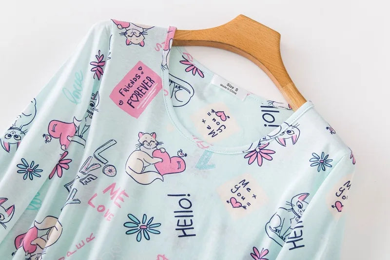 Knitted Cotton Women Plus Size Lingere Nightgown Loose Nightdress Long Sleeve Night Gown Cute Cartoon Home Dress Sexy Sleepwear