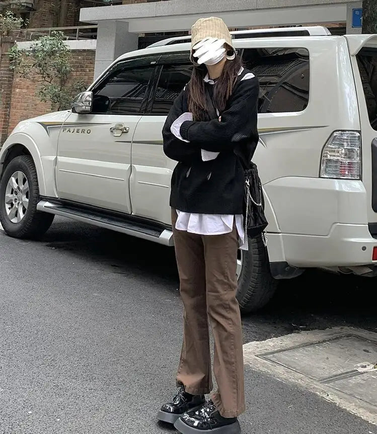 Jeans Women Denim Brown Fashion All-match Boot Cut Spring Autumn Trousers High Waist Skinny Elasticity Korean Style  Street