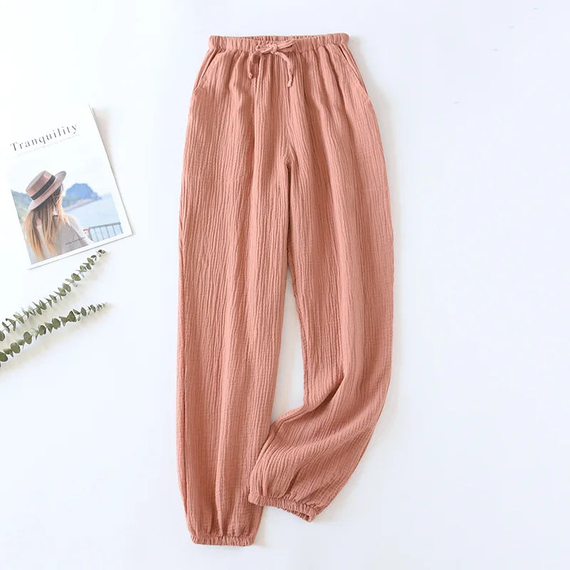 100% Cotton Pajamas Sleep Bottoms Spring Women's Loose Leggings New Casual Slim Home Pants Elastic Waist Solid Thin Sleepwear