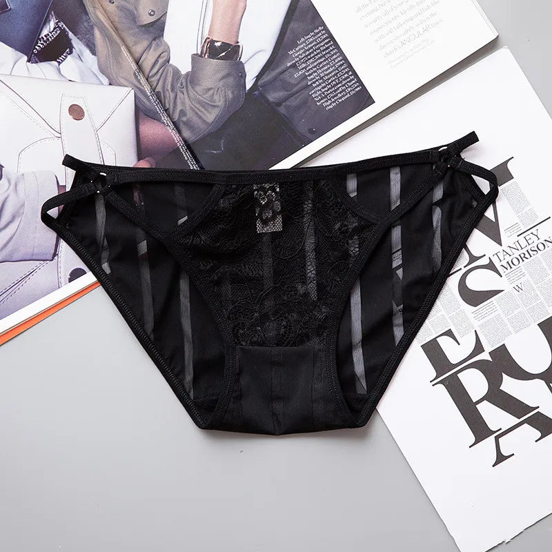 Ladies Striped Ice Silk Underpants Sexy Hollow Out Women's Underwear Embroidery Lace Knickers Seamless Wrap Buttocks Briefs