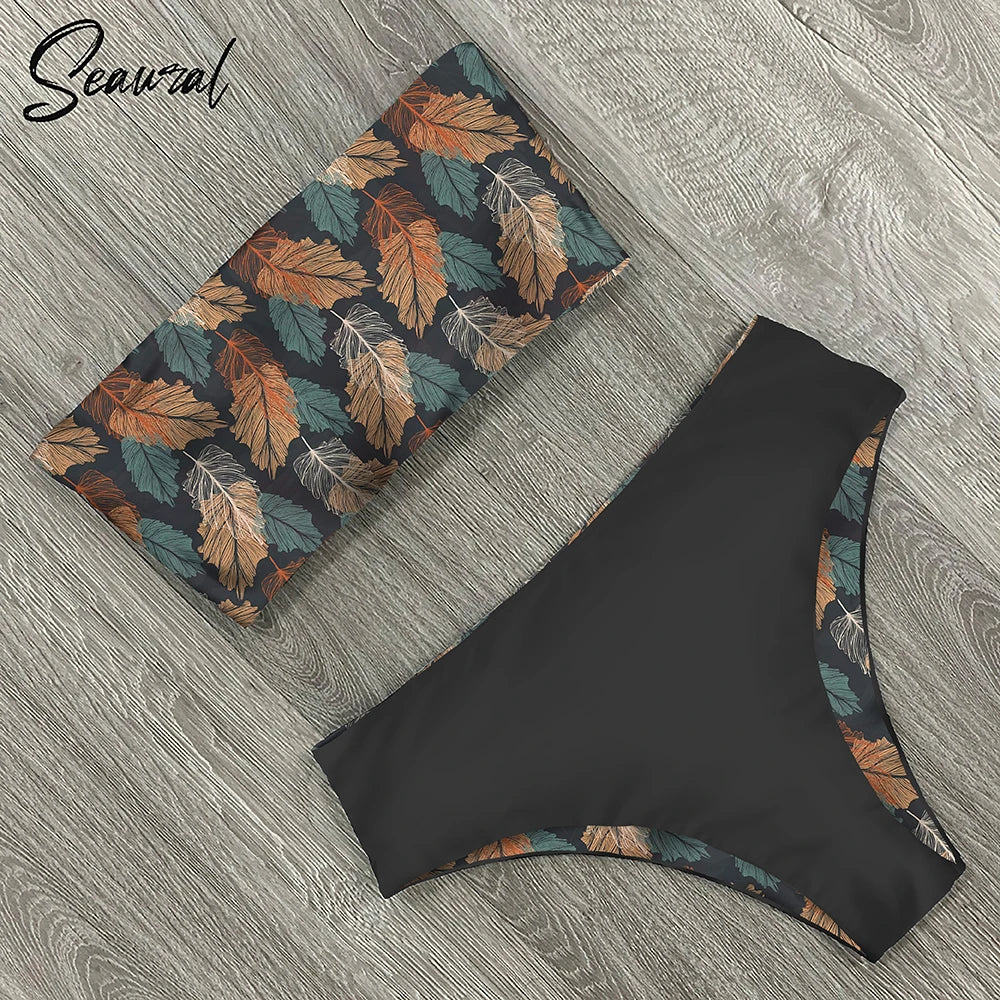 2025 New Sexy Low Hight Bikini Set Swimwear Women Bandeau Female Print Floral Strappy Swimsuit Bathing Suit Beach Wear Biquini
