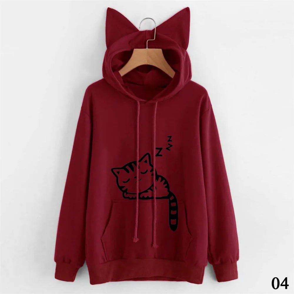 Women Sweatshirt Cat Ear Funny Hoodie Mujer Tracksuits Kawaii Print Cat Cartoon Feminino Fashion Autumn Sweatshirts #256785