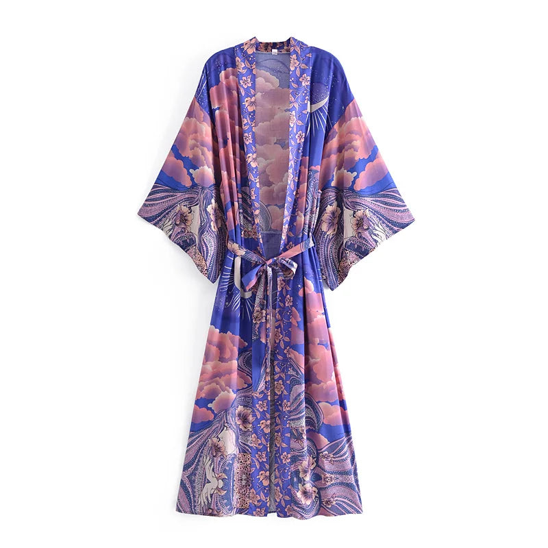 Vintage Chic Women Star and Moon Floral Print Bat Sleeve Beach Bohemian Kimono Dress Robe Ladies Summer Boho Bikini Cover-ups