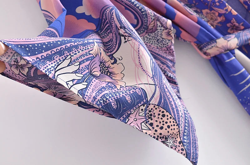 Vintage Chic Women Star and Moon Floral Print Bat Sleeve Beach Bohemian Kimono Dress Robe Ladies Summer Boho Bikini Cover-ups