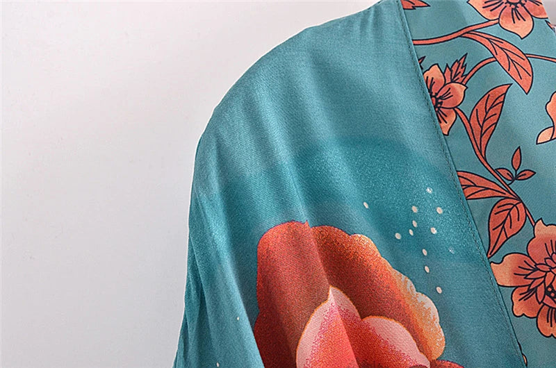 Vintage Chic Women Star and Moon Floral Print Bat Sleeve Beach Bohemian Kimono Dress Robe Ladies Summer Boho Bikini Cover-ups