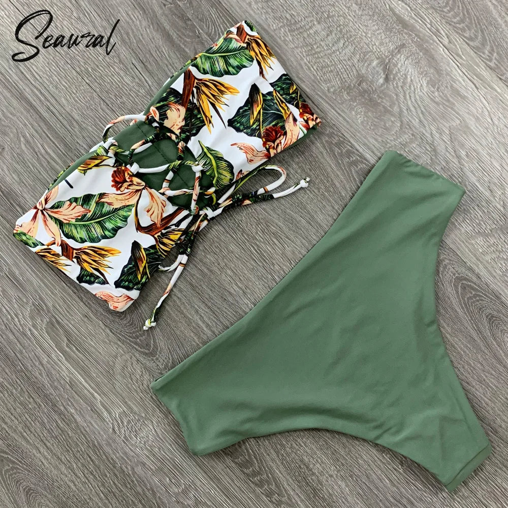 2025 New Sexy Low Hight Bikini Set Swimwear Women Bandeau Female Print Floral Strappy Swimsuit Bathing Suit Beach Wear Biquini