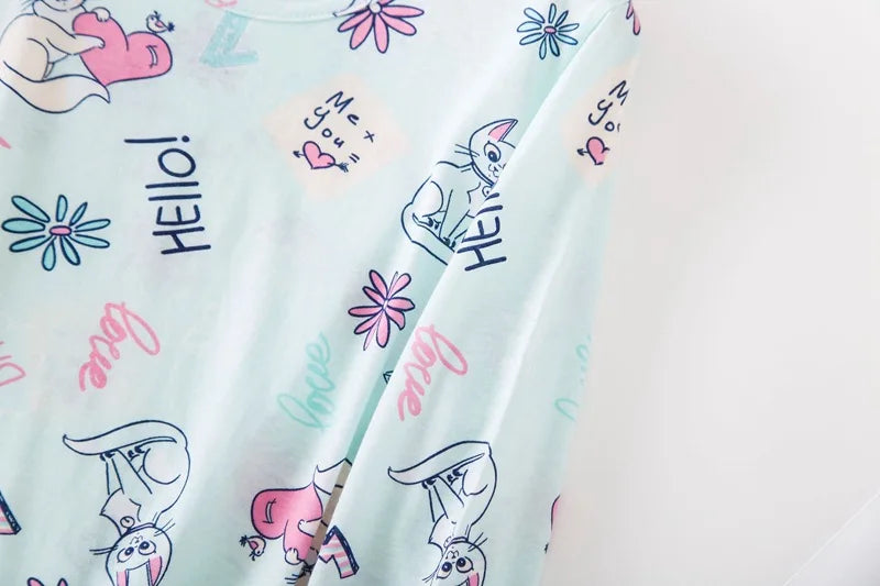 Knitted Cotton Women Plus Size Lingere Nightgown Loose Nightdress Long Sleeve Night Gown Cute Cartoon Home Dress Sexy Sleepwear